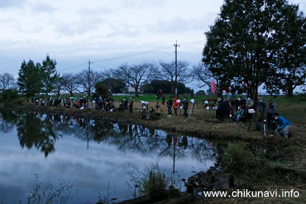 母子島遊水地に集まった日の出を待つ人々 [2022年10月28日撮影]